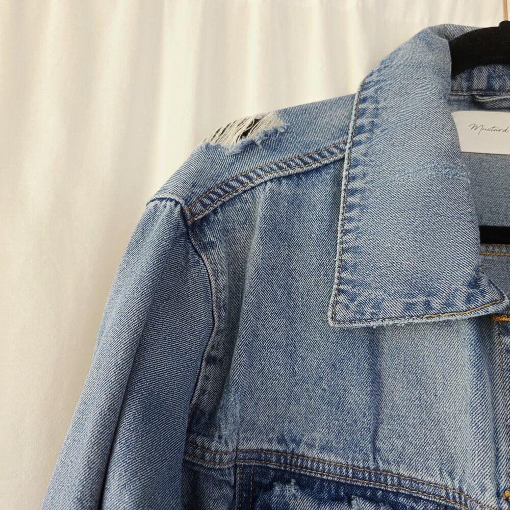 Mustard Seed Women's Jean Jacket Denim, Size M Blue Baggy Crop Distressed - Picture 3 of 9